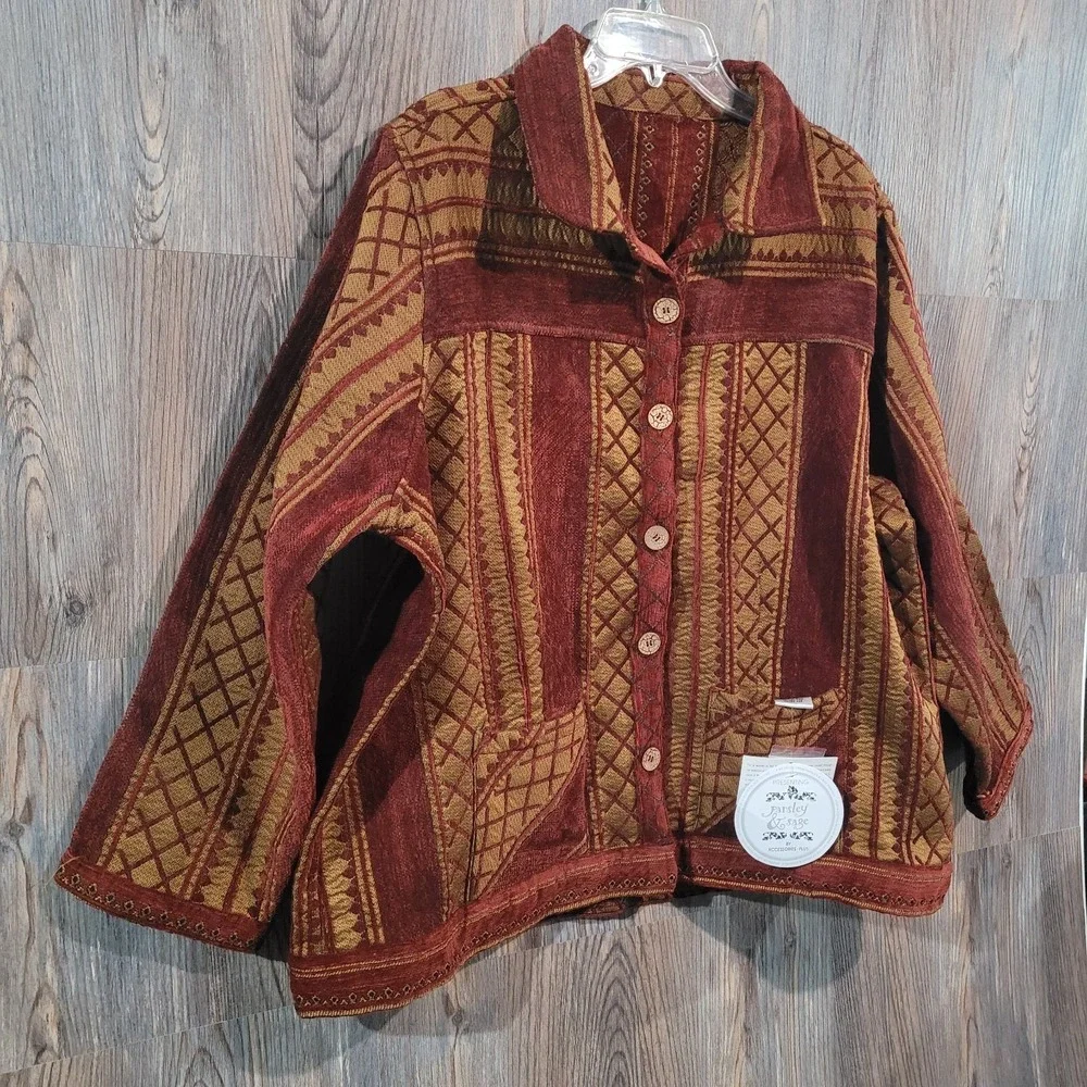 Parsley & Sage Reversible Jacket 3X Red Heavyweight Tapestry Art to Wear Unique